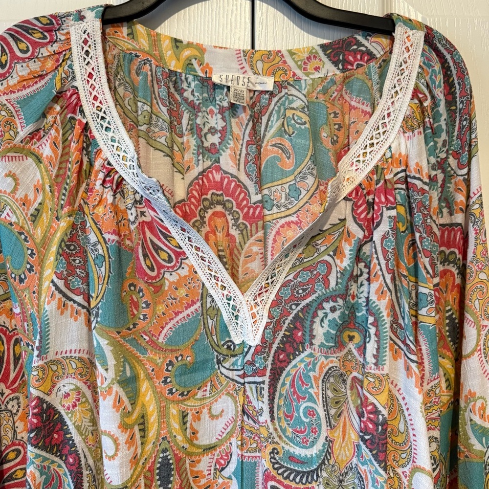 Spense Women Colorful Paisley Flowy Tunic Blouse Size 2X. Crochet neckline. - Picture 4 of 11